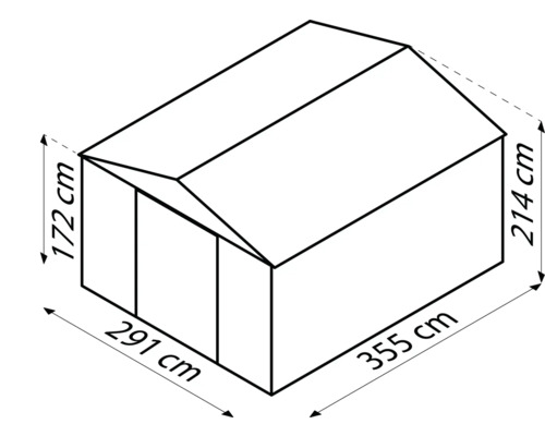 Nákres zahradního domku o rozměrech 291 centimetrů krát 355 centimetrů a výšce 172 centimetrů vpředu a 214 centimetrů vzadu