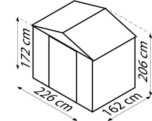 Ilustrace zahradního domku s rozměry: výška 172 cm vpředu, výška 206 cm vzadu, šířka 226 cm a hloubka 162 cm