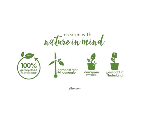 Symboly pro: 100% recyklovaný, vyrobený s využitím větrné energie, udržitelná kvalita, vyrobeno v Nizozemsku