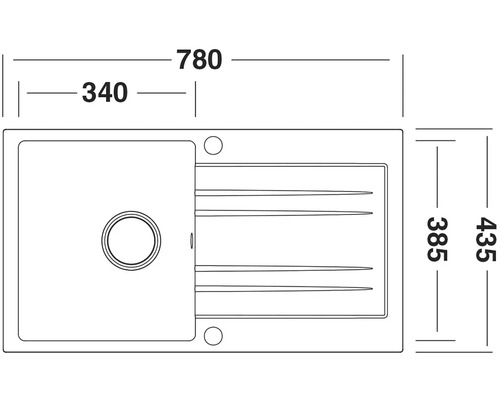 Technický výkres dřezu o rozměrech 780 x 435 mm