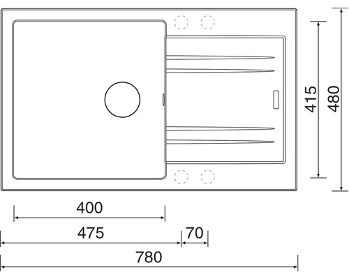 Technický výkres dřezu o rozměrech 780 x 480 milimetrů.