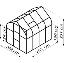 Ilustrace skleníku o rozměrech 202 x 257 centimetrů půdorysu a 124 a 231 centimetrů výšky