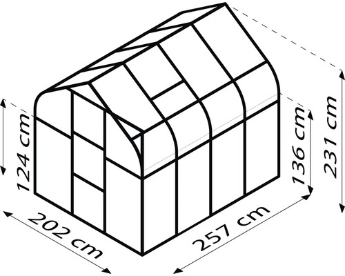 Ilustrace skleníku o rozměrech 202 x 257 centimetrů půdorysu a 124 a 231 centimetrů výšky