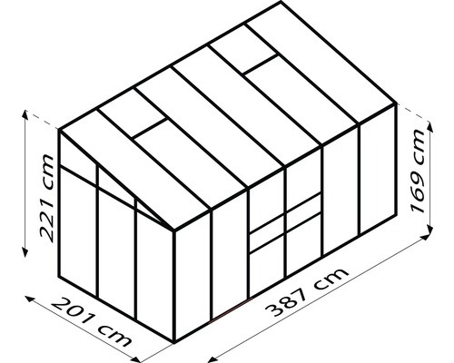 Nákres skleníku o rozměrech 221 cm výška, 201 cm šířka, 169 cm výška a 387 cm délka