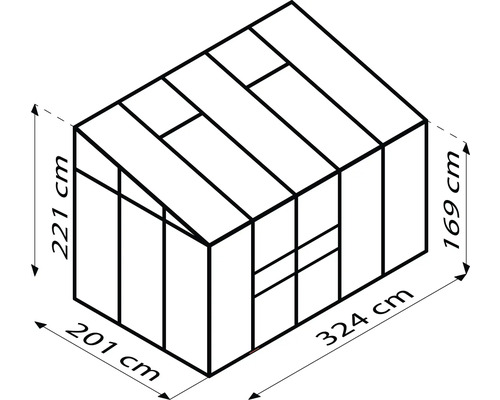 Technický nákres skleníku o rozměrech 221 cm výška, 201 cm šířka, 169 cm výška a 324 cm délka