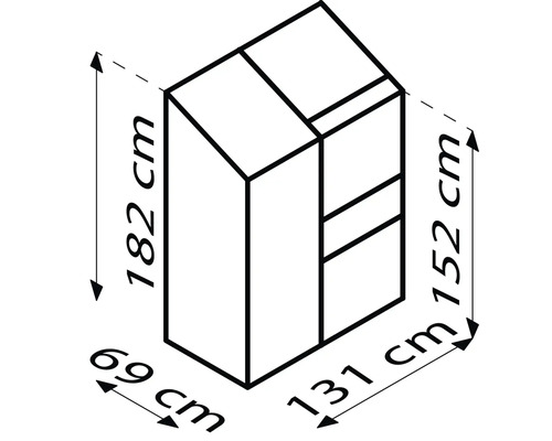 Rozměry skříně: výška 182 cm, hloubka 69 cm, výška 152 cm a šířka 131 cm.
