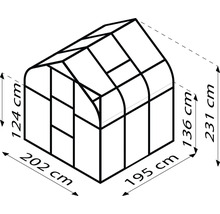 Obrázek skleníku o rozměrech 202 cm šířka, 195 cm hloubka a 231 cm výška