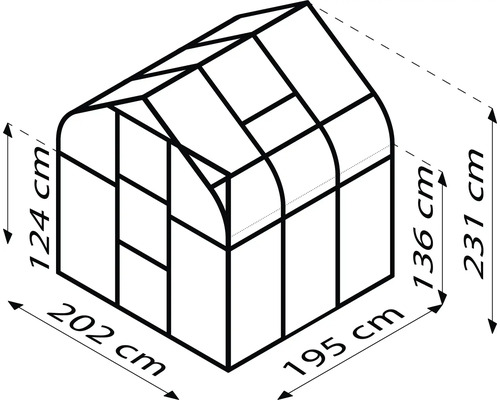 Obrázek skleníku o rozměrech 202 cm šířka, 195 cm hloubka a 231 cm výška