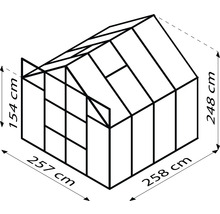 Nákres skleníku s rozměry: výška 154 cm vpředu, výška 248 cm vzadu, šířka 257 cm vpředu, šířka 258 cm vzadu.