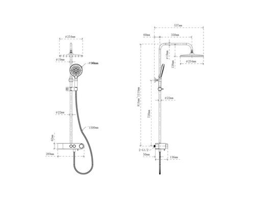 Technický nákres sprchové soupravy s rozměry