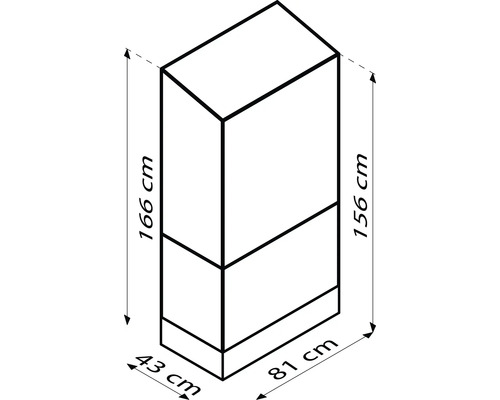 Schéma skříně o rozměrech 166 cm výška, 81 cm šířka a 43 cm hloubka.