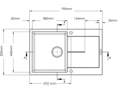 Výkres dřezu s rozměry: šířka 790 mm a hloubka 500 mm.
