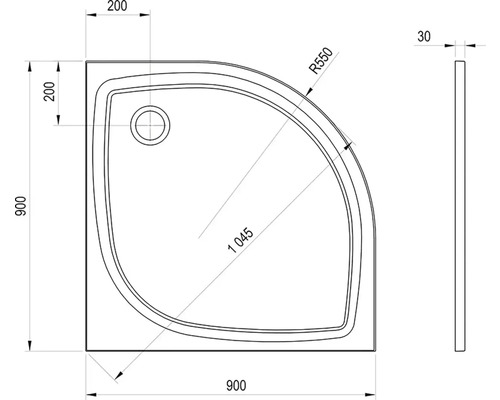 Technický výkres sprchové vaničky s rozměry