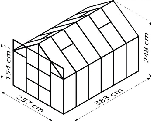 Ilustrace skleníku o rozměrech 257 cm šířka, 383 cm délka a 154 cm až 248 cm výška.