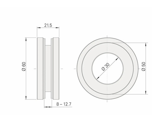 Technický výkres prstence s rozměry 60 mm vnější průměr, 30 mm vnitřní průměr, 21,5 mm šířka a 8 až 12,7 mm hloubka.