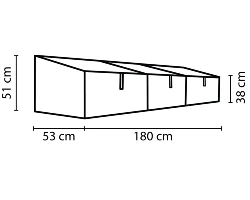 Technický nákres pařeniště o rozměrech 51 cm výška, 53 cm hloubka a 180 cm délka