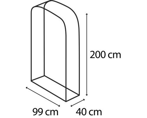 Rozměry obalu na věšák s výškou 200 cm, šířkou 99 cm a hloubkou 40 cm