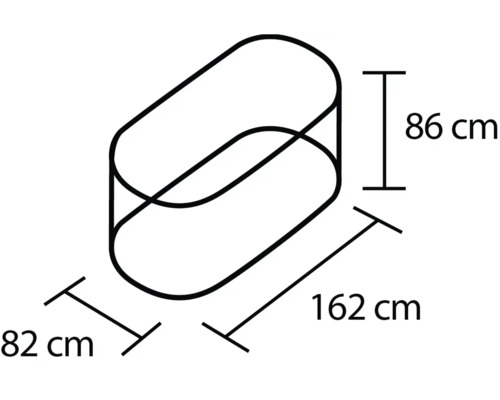 Schématické znázornění vanové zástěny o rozměrech 162 cm délka, 82 cm šířka a 86 cm výška.