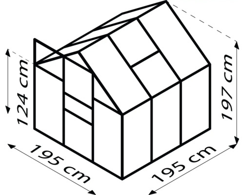 Nákres skleníku s rozměry: výška 124 cm vpředu, výška 197 cm vzadu a šířka 195 cm.