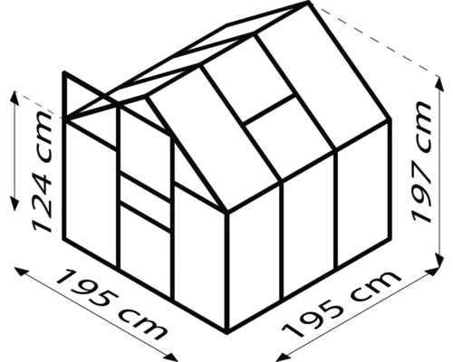 Obrysový nákres skleníku o rozměrech 195 krát 195 krát 124 centimetrů a 197 centimetrů