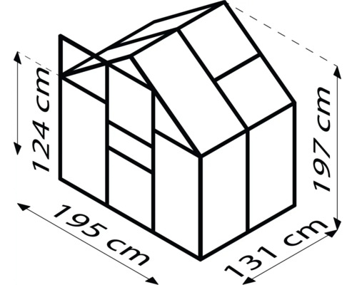Nákres skleníku s rozměry: 124 cm výška vpředu, 197 cm celková výška, 195 cm šířka, 131 cm hloubka