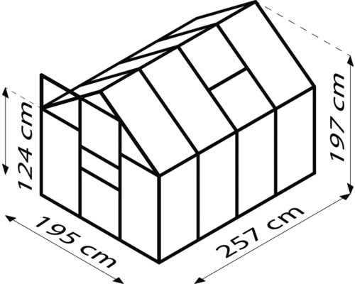 Obrázek skleníku s rozměry: výška 124 cm vpředu, výška 197 cm vzadu, šířka 195 cm a délka 257 cm.