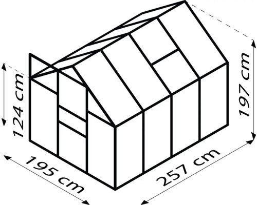 Nákres skleníku s rozměry: výška vpředu 124 cm, výška vzadu 197 cm, šířka 195 cm a délka 257 cm