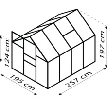 Nákres skleníku s rozměry: výška 197 cm, šířka 257 cm, boční výška 124 cm, hloubka 195 cm.