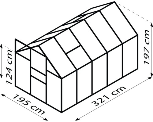 Nákres skleníku s rozměry: výška 124 cm vpředu, výška 197 cm vzadu, šířka 195 cm vpředu, délka 321 cm.