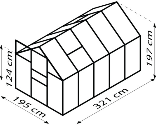 Obrázek skleníku o rozměrech 124 cm výška, 195 cm šířka a 321 cm délka.