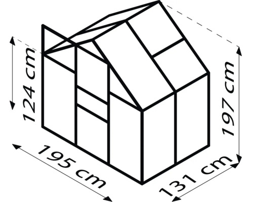 Technický nákres skleníku s rozměry: 124 cm výška přední strany, 197 cm výška zadní strany, 195 cm šířka, 131 cm hloubka.