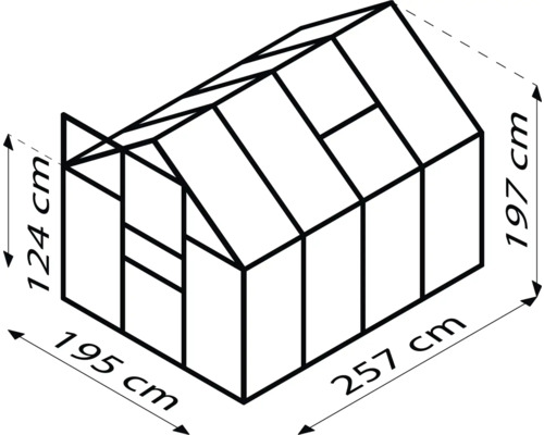 Schéma skleníku o rozměrech 257 cm délka, 195 cm šířka a 197 cm výška