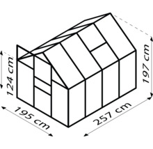Rozměry skleníku: 195 krát 257 krát 197/124 centimetrů