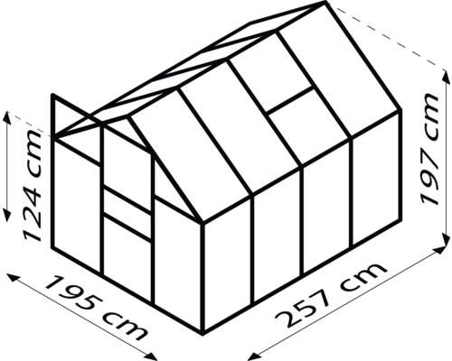 Rozměry skleníku: 195 krát 257 krát 197/124 centimetrů