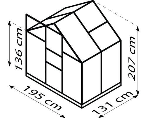 Nákres skleníku s rozměry: výška 136 cm vpředu, výška 207 cm vzadu, šířka 195 cm a hloubka 131 cm