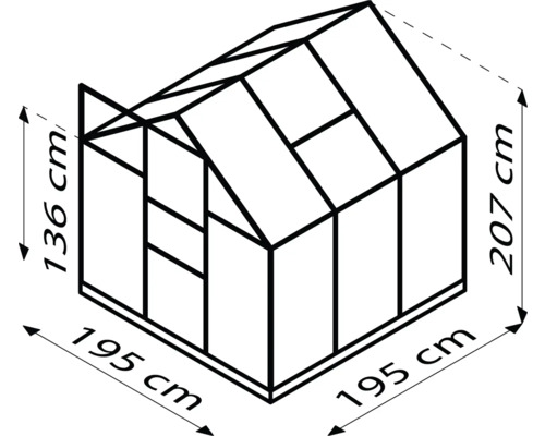 Ilustrace skleníku s rozměry: výška 207 cm, délka strany 195 cm, výška přední strany 136 cm.
