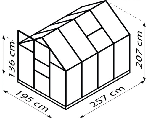 Diagram skleníku o rozměrech 257 centimetrů na délku, 195 centimetrů na šířku a 207 centimetrů na výšku