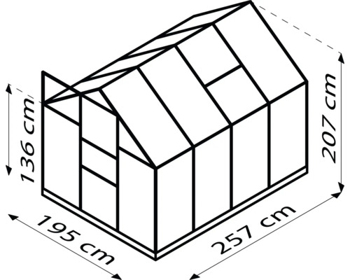 Nákres skleníku s rozměry: půdorys 195 cm x 257 cm a výška 207 cm