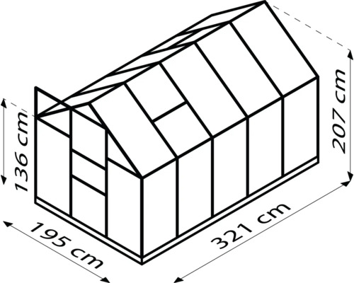 Nákres skleníku o rozměrech 195 krát 321 krát 207 centimetrů.