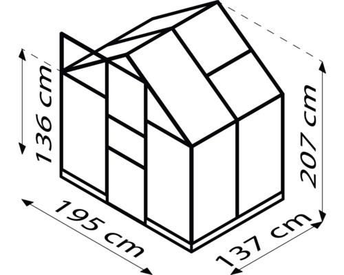 Technický nákres skleníku s rozměry 136 cm výška boční stěny, 207 cm celková výška, 195 cm šířka a 137 cm hloubka