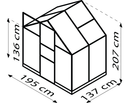 Nákres skleníku s rozměry: výška strany 136 cm, celková výška 207 cm, šířka 195 cm, hloubka 137 cm