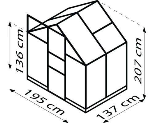 Obrázek skleníku o rozměrech 136 cm výška, 195 cm šířka, 207 cm výška a 137 cm hloubka.