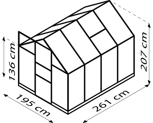 Rozměry skleníku se šířkou 195 centimetrů, délkou 261 centimetrů a výškou 207 centimetrů.