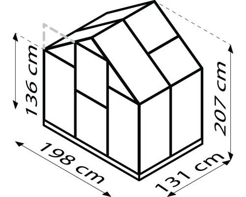 Nákres skleníku s rozměry: 136 cm, 198 cm, 131 cm a 207 cm