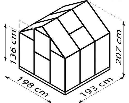 Obrázek skleníku o rozměrech 136 cm výška, 198 cm šířka a 193 cm hloubka