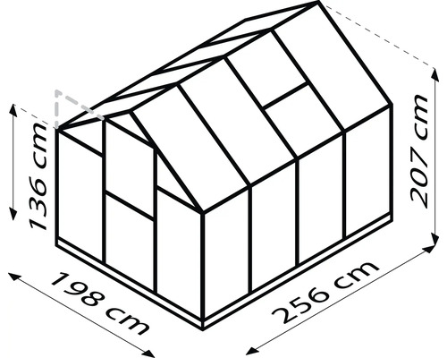 Rozměry skleníku: 136 cm výška přední strany, 207 cm výška zadní strany, 198 cm šířka a 256 cm délka