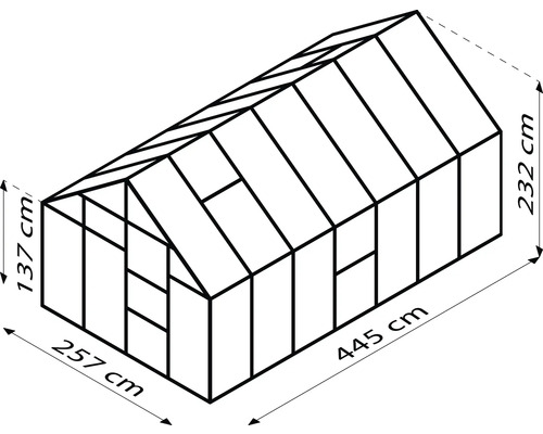 Ilustrace skleníku s rozměry: výška 232 cm, šířka 257 cm, délka 445 cm.