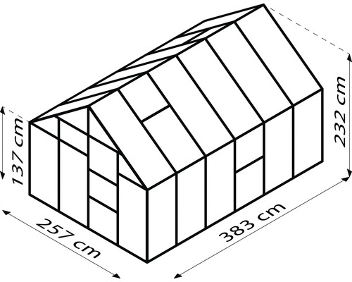 Obrázek skleníku o rozměrech 257 x 383 centimetrů na základně a výšce 232 centimetrů.