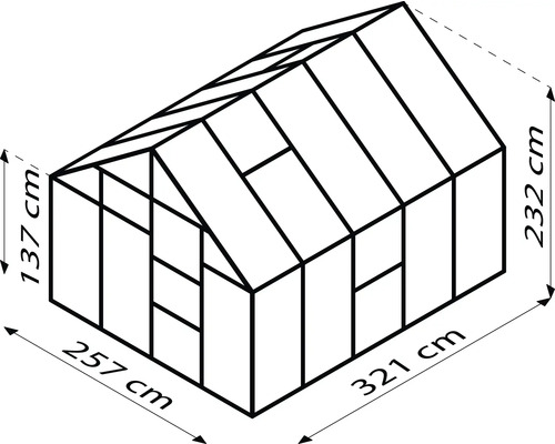 Schéma skleníku o rozměrech 257 cm šířka, 321 cm délka a 232 cm výška