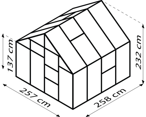 Obrázek skleníku o rozměrech 257 cm x 258 cm a výšce 137 cm až 232 cm.